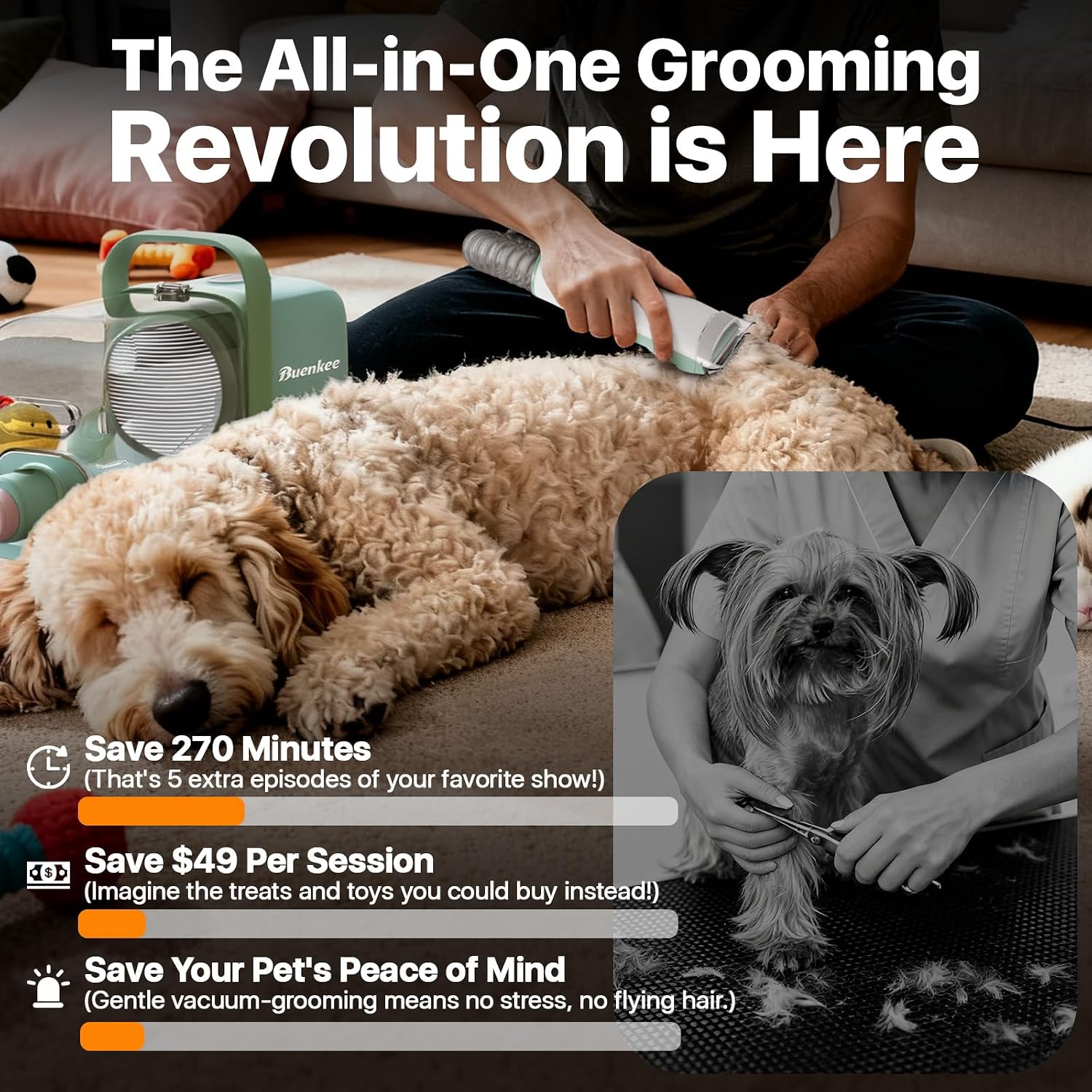 Buenkee Dog Grooming Vacuum Kit, 15000Pa Clipper, Shedding Brush, 2L, Green | Brush, trim and deshed at home with less flying fur, mess-control suction and fewer emptying breaks during longer sessions