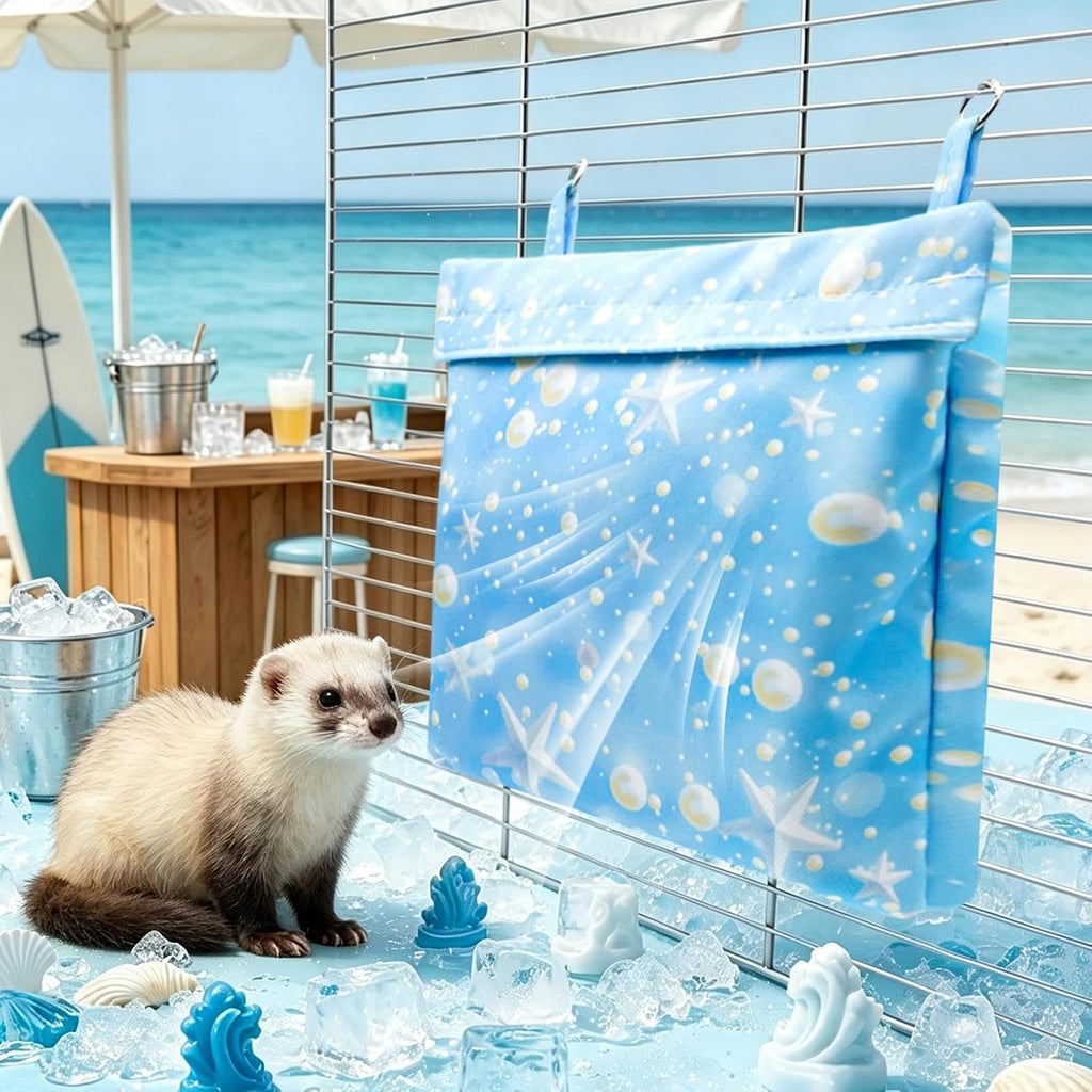 Bunny Cooling Mat - Refillable Ice Pad | Hanging Summer Pet Cooler | Includes 4 Ice Crystal Packs, Condensation Resistant Lining, Washable Fabric Cover, Hanging Cage Design, For Rabbits Ferrets