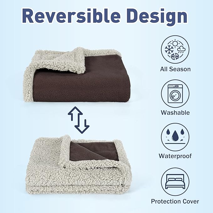 Kritter Planet Waterproof Pet Blanket for Bed, Reversible Sherpa Fleece Protector Couch Cover for Pets, Liquid Proof Furniture Protector for Medium Large Dogs