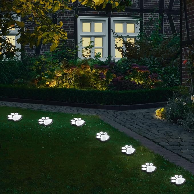 Animal Paw Print Solar Lights Outdoor Garden Decor, 8 Pack Paw Print Lights with Cord, IP55 Waterproof Yard Pathway Decor Light, Cold White Color Light, New Home Birthday Christmas Gift
