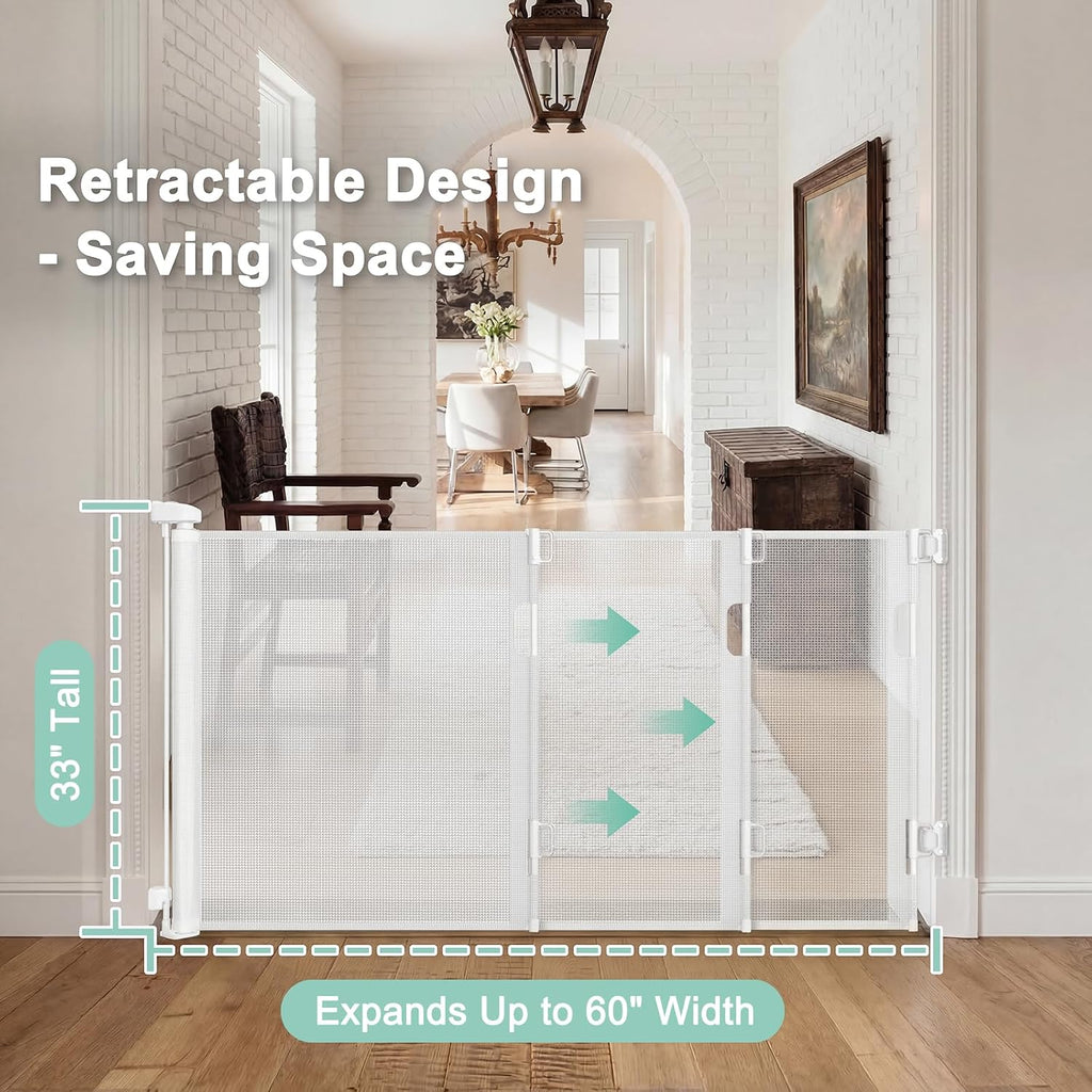 Retractable Baby Gates for Doorways & Stairs, Indoor/Outdoor Mesh Dog Gate for Dogs, Puppies, Infants, Toddlers, Babies, Children, Kids, 33" Tall Expands Up to 60" Width, Safety Retractable Pet Gate