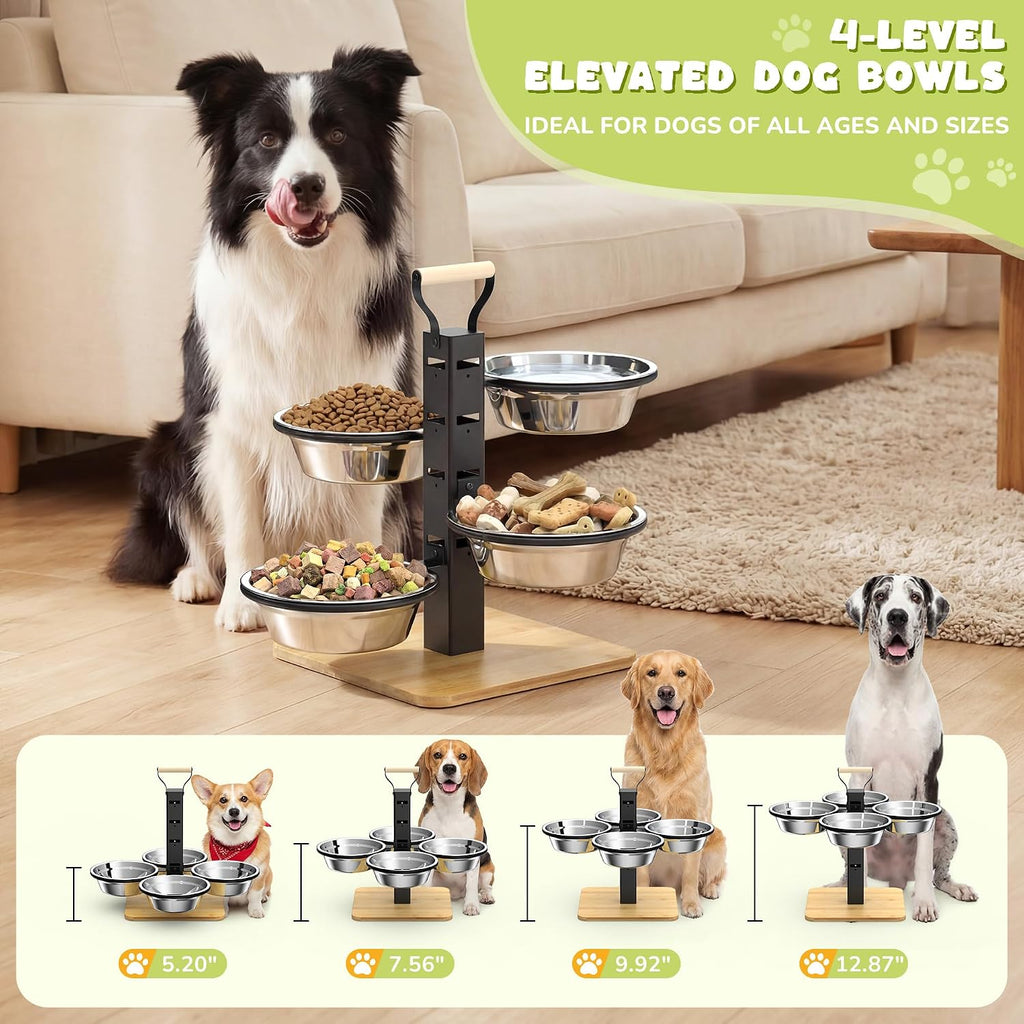 Elevated Dog Bowls Stand - 4 Heights Raised Dog Bowl Large Sized Dog - Dog Feeding Station - Dog Food and Water Bowl Set with Portable Handle - Suitable for Multi-Dog Feeding