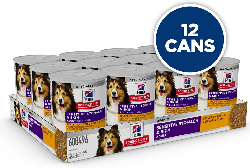 Hill's Science Diet Sensitive Stomach & Skin Wet Dog Food | #1 Veterinarian Recommended, Adult Formula, Chicken & Vegetable Stew, 12.5 oz. Cans, 12-Pack
