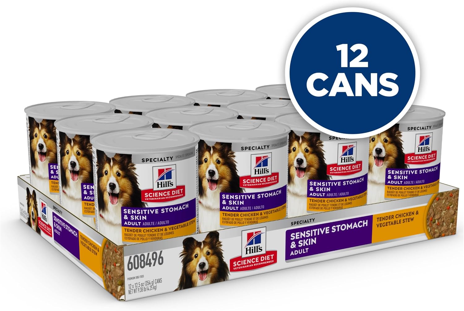 Hill's Science Diet Sensitive Stomach & Skin Wet Dog Food | #1 Veterinarian Recommended, Adult Formula, Chicken & Vegetable Stew, 12.5 oz. Cans, 12-Pack