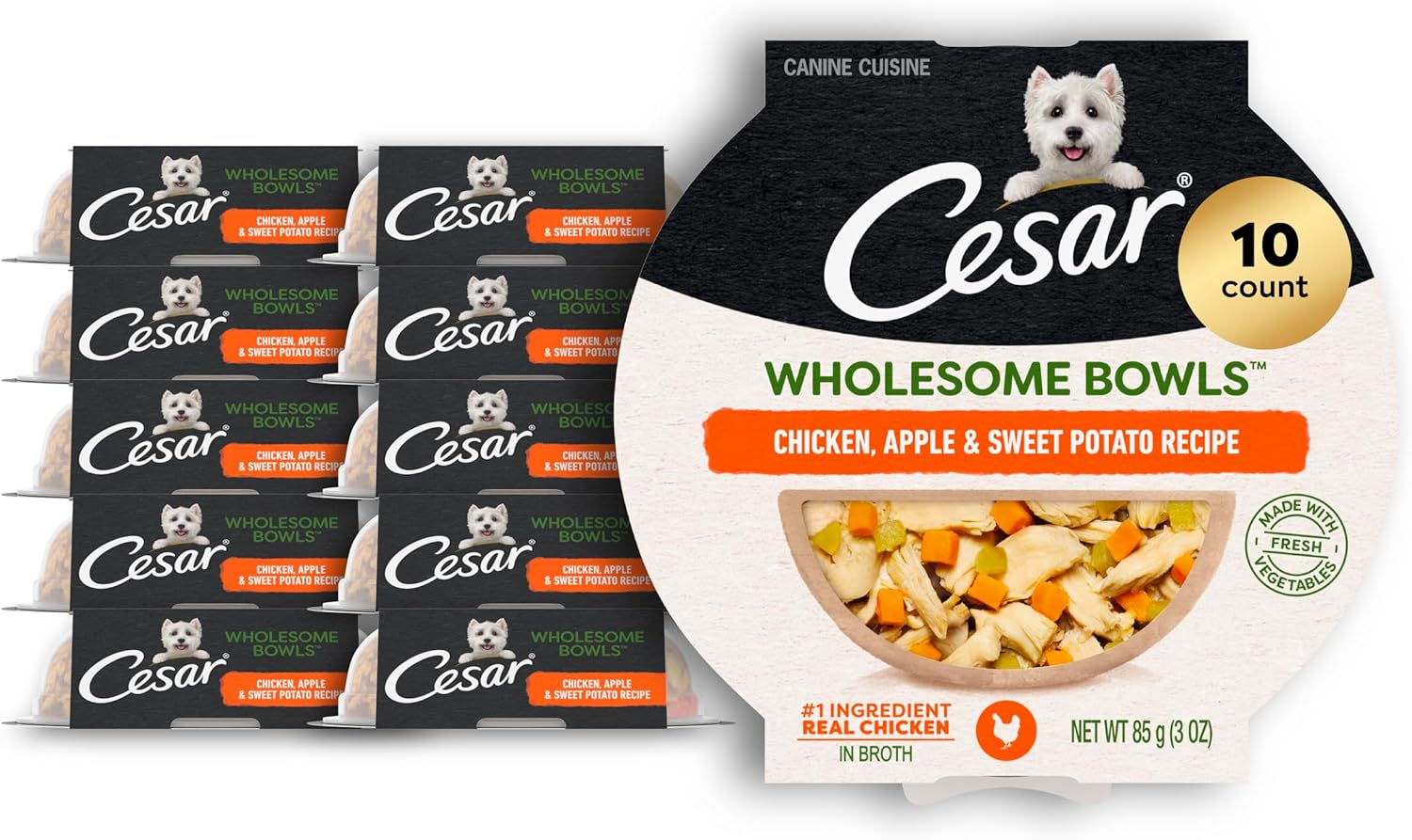 Cesar Wholesome Bowls Wet Dog Food, Chicken & Apple, 3 oz, 10 Count | Real chicken #1 ingredient, slow-cooked, 9 key ingredients, no by-products or artificial flavors, easy to digest