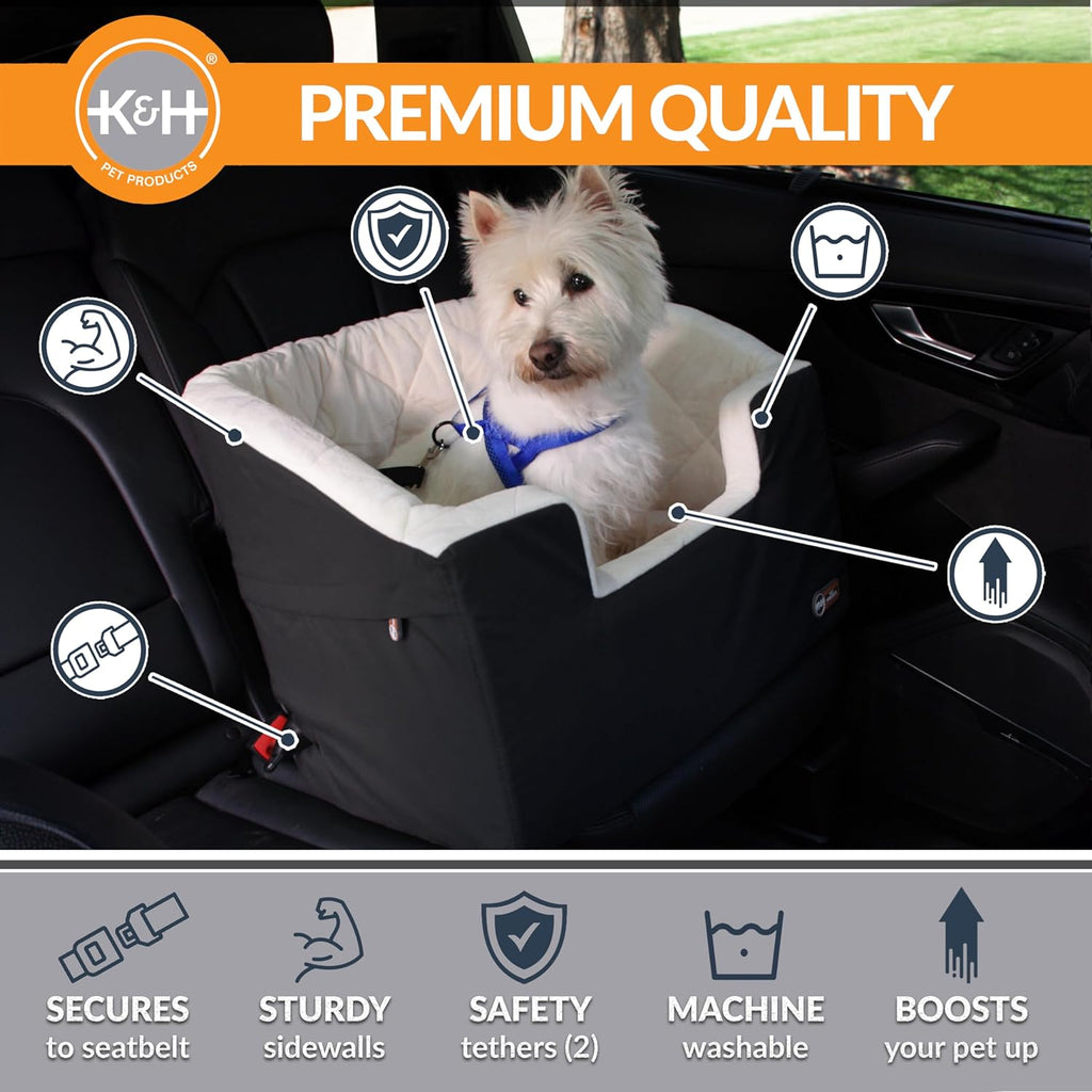 K&H Dog Car Seat, Bucket Booster for Small to Medium Pets, L Black/Cream | Collapsible Dog Car Seats for Small Dogs. Seat Belt Secured, 2 Safety Leashes, Washable Covers