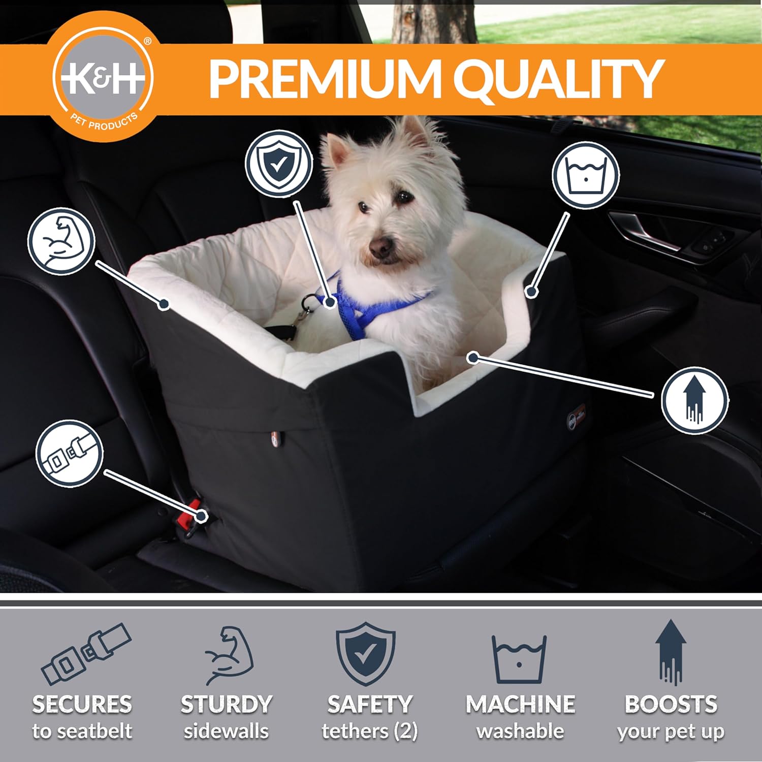 K&H Dog Car Seat, Bucket Booster for Small to Medium Pets, L Black/Cream | Collapsible Dog Car Seats for Small Dogs. Seat Belt Secured, 2 Safety Leashes, Washable Covers