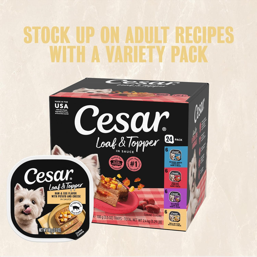 Cesar Loaf & Topper Wet Dog Food, Ham & Egg Flavor, 3.5 oz, 24 Count | Pork #1 ingredient, easy to digest, no fillers or added sugar, use as meal or food topper, easy peel trays