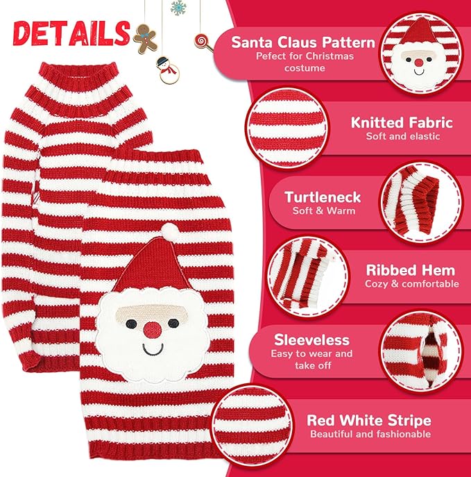 Dog Christmas Sweater Xmas Pet Clothes Cute Striped Santa Claus Costume Holiday Puppy Cat Jumpers Outfits New Year Gifts for Small Medium Large Dogs (XS, Red White Stripe Santa Claus)