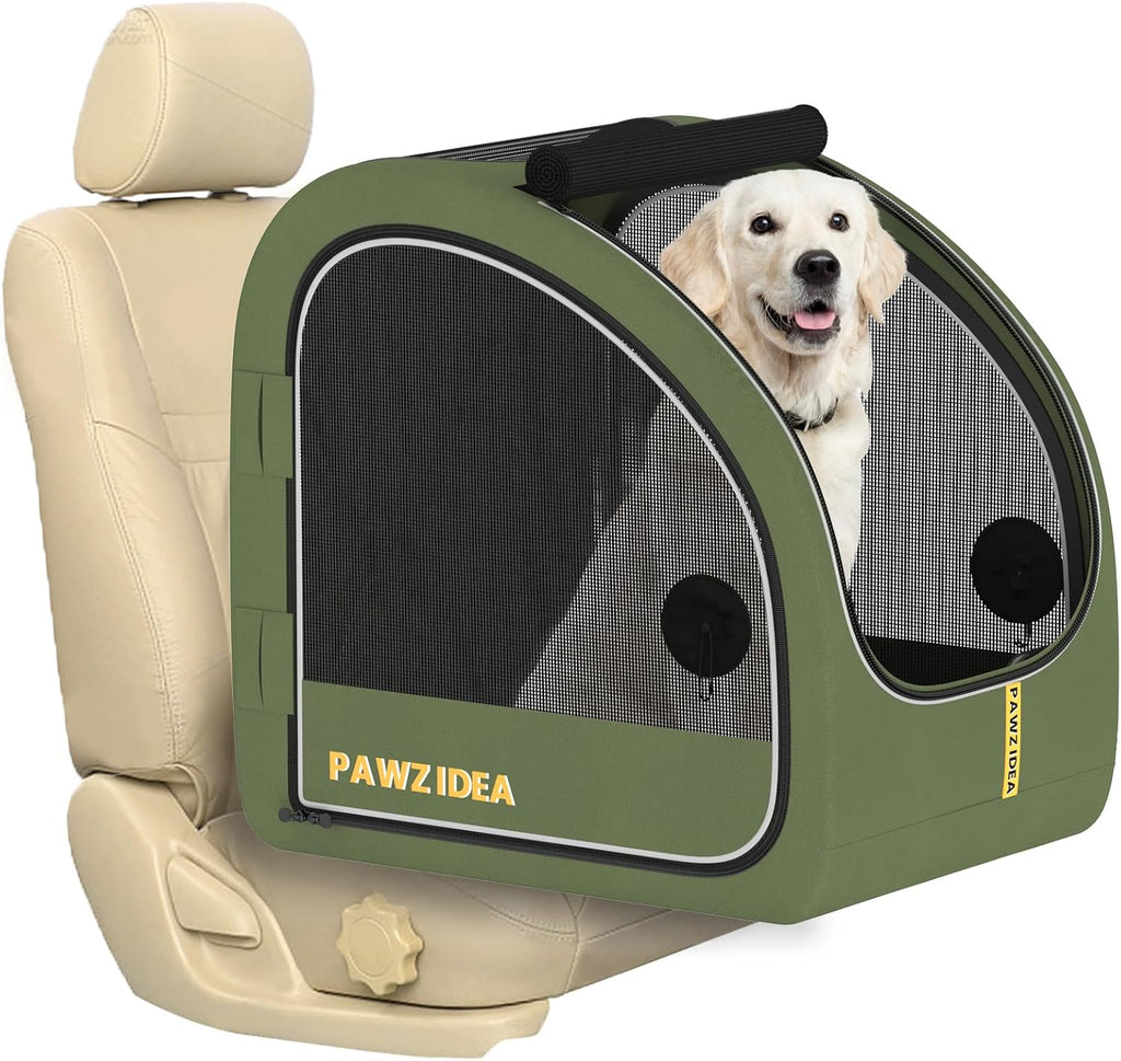 PAWZIDEA Portable Dog Crate for Car Travel, Medium & Large Dogs Up to 80lbs | Soft-Sided Dog Car Kennel for Backseat, Secures Seatbelt & Headrest Strap, Collapsible Enclosed Car Seat Carrier, Chew-Proof