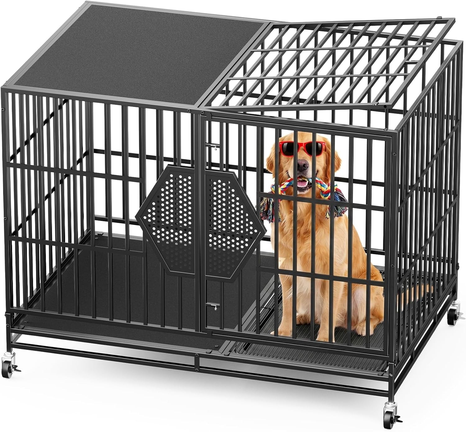 CAMMOO 48'' Heavy Duty Dog Crates for Large Dogs, Dog Kennel Indoor | For High Anxiety Dog, Escape-Proof Dual Top Fences, Reinforced Square Tube Frame, Easy-Clean Split Floor, Extra-Wide Door