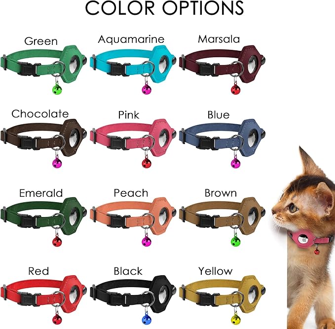 Breakaway Airtag Cat Collar with Removable Bell - Leather Pet Collar with Apple Air Tag Holder - Adjustable GPS Collars for Girl Boy Cats Kitten Puppy - Lightweight, Cute and Comfortable (Green)