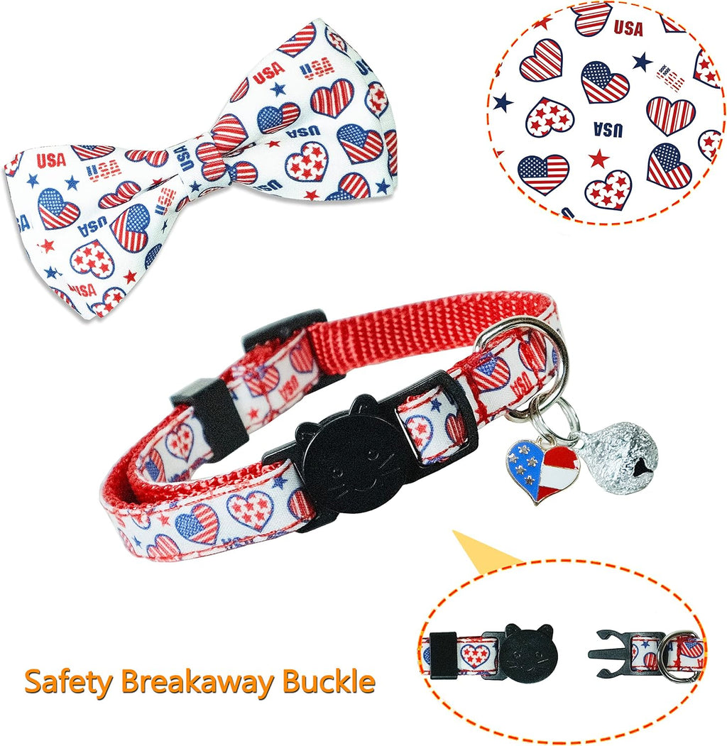 4th of July Cat Collar with Bow Tie, Indepedence Holiday USA Heart Collar for Boys and Girls Kitties and Kittens