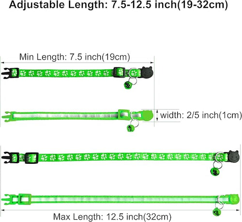 2 Pack Breakaway Cat Collars with Bells, Reflective Design and Claw Print Design, Safety Buckle Kitten Collars Adjustable from 7.5 to 12.5 Inches (Green)