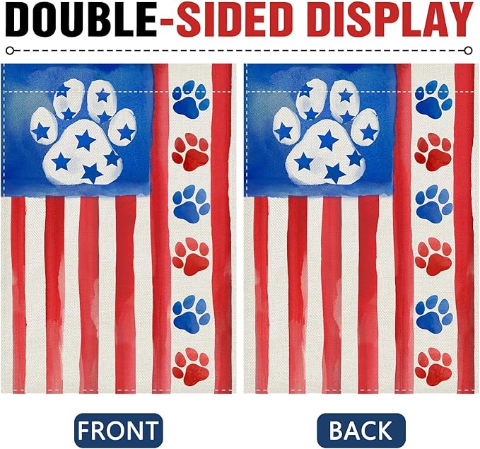 Dyrenson 4th of July Dog Cat Paw Prints Decorative Garden Flag, Patriotic America Watercolor Yard Outside Home Decorations Pet Lover Gift, American USA Burlap Outdoor Small Decor Double Sided 12 x 18