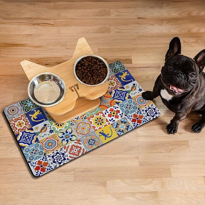 Moroccan Trellis Dog Food & Water Mat,Mexican Talavera Boho Colorful Colorful Pet Feeding Mat for Floor Non-Slip Waterproof, Super Absorbent Cat Bowl Mat, Easy to Clean Durable Pet Placemat,16" × 24"