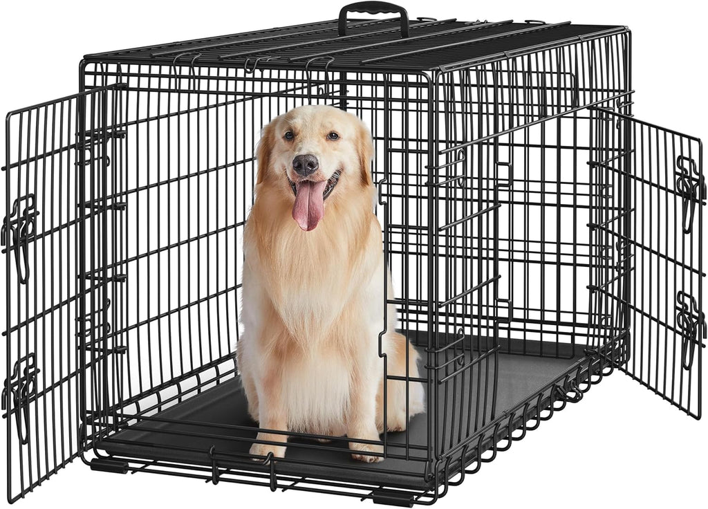 Yaheetech 42inch Double Door Dog Crate w/Divider, Collapsible Metal Kennel | Heavy-duty Sturdy Metal Frame, Easy Assemble, Fold Up for Travel, Removable Tray, Ideal for Puppies, Medium to Large Dogs