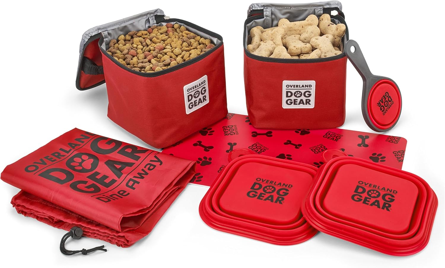 Mobile Dog Gear, Dine Away Dog Travel Bag for Medium and Large Dogs, Includes Lined Food Carriers and 2 Collapsible Dog Bowl, Collapsible Scooper and Placemat, Red