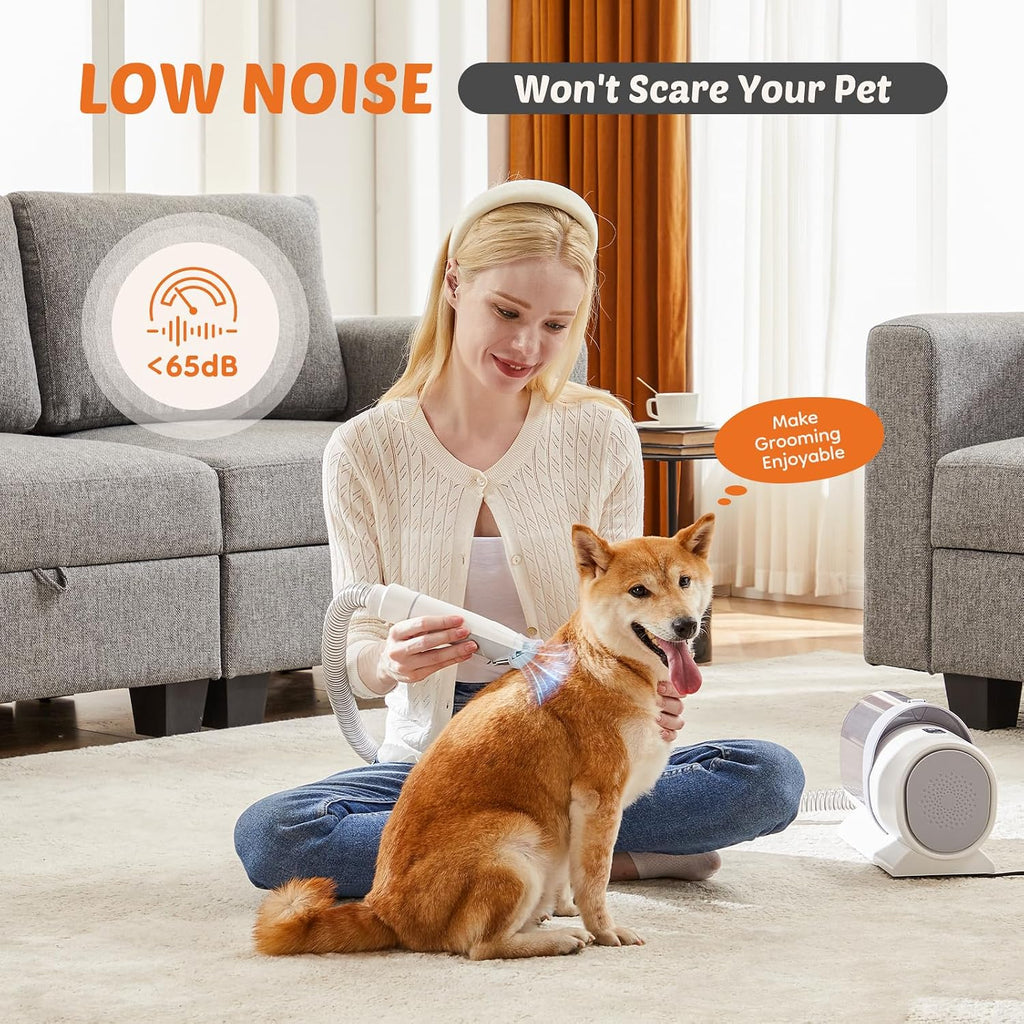 DUMOS Pet Grooming Vacuum Kit, 3 Adjustable Suction Modes | Dog Hair Clipper, 5 Professional Grooming Tools with Low Noise Cat Hair Clippers, 2.5L, Ivory