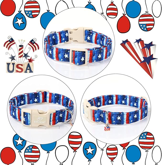 4th of July Dog Collar, Stars & Stripes Patriotic Dog Collars for Small Dogs, Adjustable Lightweight Quick-Release Buckle Collar for Boy&Girl Dogs S