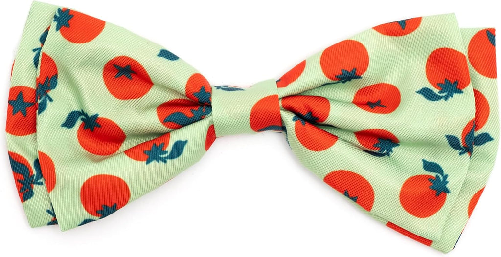 THE WORTHY DOG Food & Sport Print Pet Bow Ties for Dogs & Cats, Tomatoes | Stylish, Soft Printed Polyester Pet Bow Tie, Attach to Any Collar Easily with Touch Fastener, Tomatoes, Green, Small