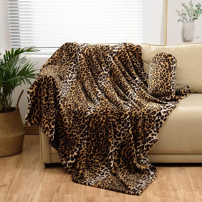 Bnuitland Leopard Print Fleece Flannel Throw Blanket with Storage Pouch for Bed Sofa Travel, 300 GSM Double Sided Super Soft Fuzzy Fluffy Cheetah Print Blanket for Adults and Kids, 50x70 inch