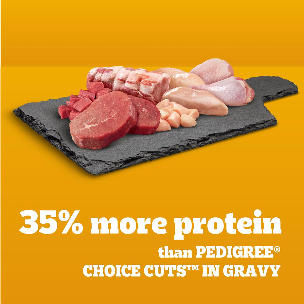 Pedigree High Protein Wet Dog Food Pouches, Variety Pack, 3.5 oz, 30 Count | 35% more protein than Choice Cuts in Gravy, real beef/chicken/turkey, steam cooked, 100% complete & balanced