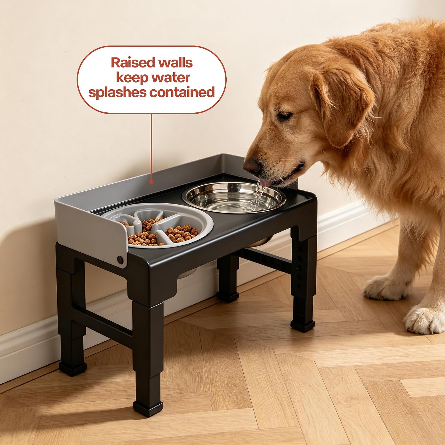 Pawise Elevated Dog Bowl Stand，Adjustable Height，Slow Feeder for Dogs | Splash proof,1 Slow Feeder Bowl， 2 stainless steel bowls, 6 heights for all dog sizes