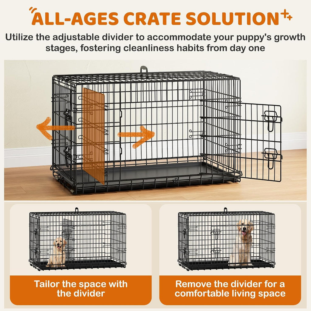 Yaheetech 42inch Double Door Dog Crate w/Divider, Collapsible Metal Kennel | Heavy-duty Sturdy Metal Frame, Easy Assemble, Fold Up for Travel, Removable Tray, Ideal for Puppies, Medium to Large Dogs