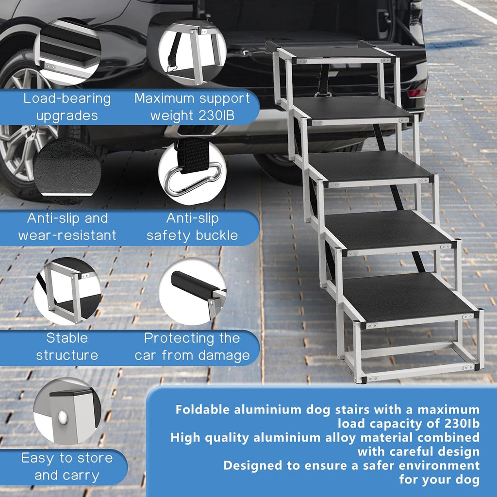 Deergym Dog Stairs for Large Dogs - 5 Step Wide 16in High 34in Foldable Dog Ramp for Car Non-Slip Surface Support up to 230lbs - Suitable for SUV,Truck, Sofas, Bed