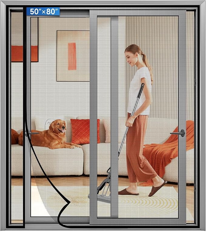 Magnetic Screen Door Left Right Side Opening Upgraded PET Mesh Greater Than Fiberglass and Polyester,Keep Bugs Out,Pet & Kid Friendly,Suitable for Sliding Doors,Patio French Doors-50" X 80"