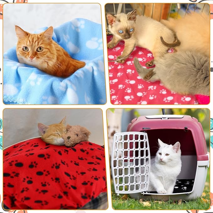 Tegeme 12 Pieces Fleece Blankets for Pets Dog Puppy Paw Print Cat Bedding Cover Blanket for Small Animals Pig Cage Liner Sleep Mat Pad Kitten Soft Warm(Cute Style,47 x 24 Inches)
