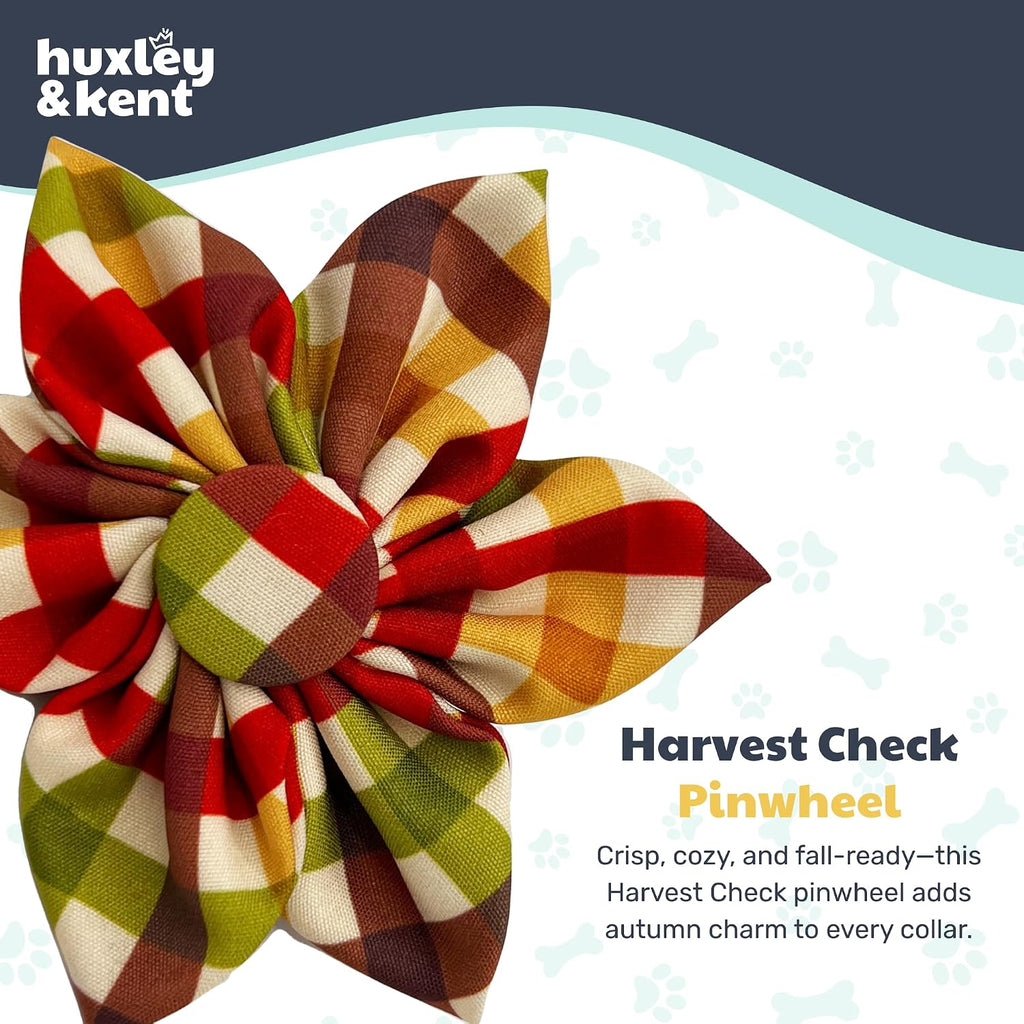 Huxley & Kent Pet Pinwheel Bow for Dogs & Cats - Fall Adjustable Hook & Loop Collar Accessory - Cute & Comfortable for Holidays & Celebrations - Harvest Check, Large | Clips to Any Collar with Hook & Loop, Soft, Lightweight, Machine Washable, Great for