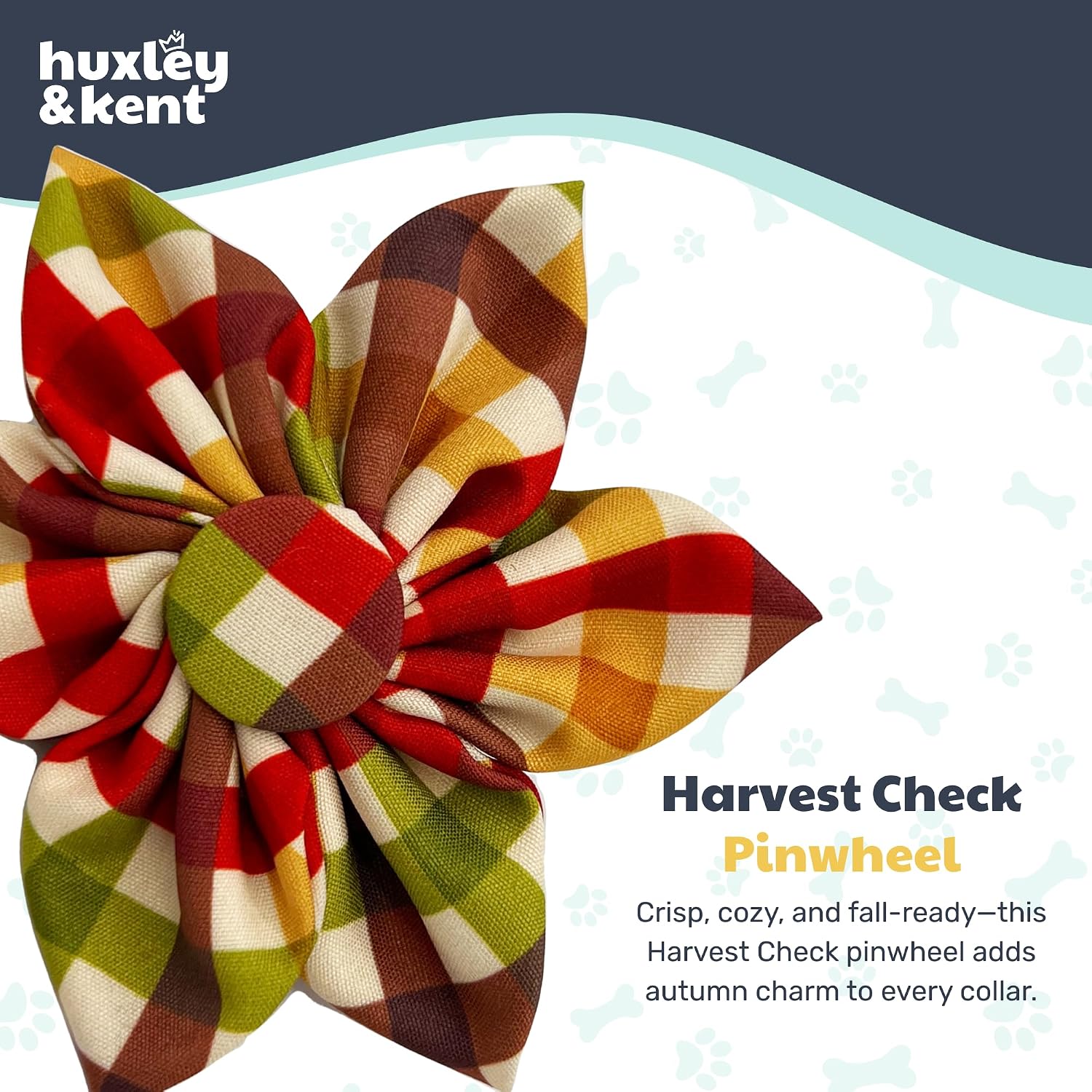 Huxley & Kent Pet Pinwheel Bow for Dogs & Cats - Fall Adjustable Hook & Loop Collar Accessory - Cute & Comfortable for Holidays & Celebrations - Harvest Check, Large | Clips to Any Collar with Hook & Loop, Soft, Lightweight, Machine Washable, Great for