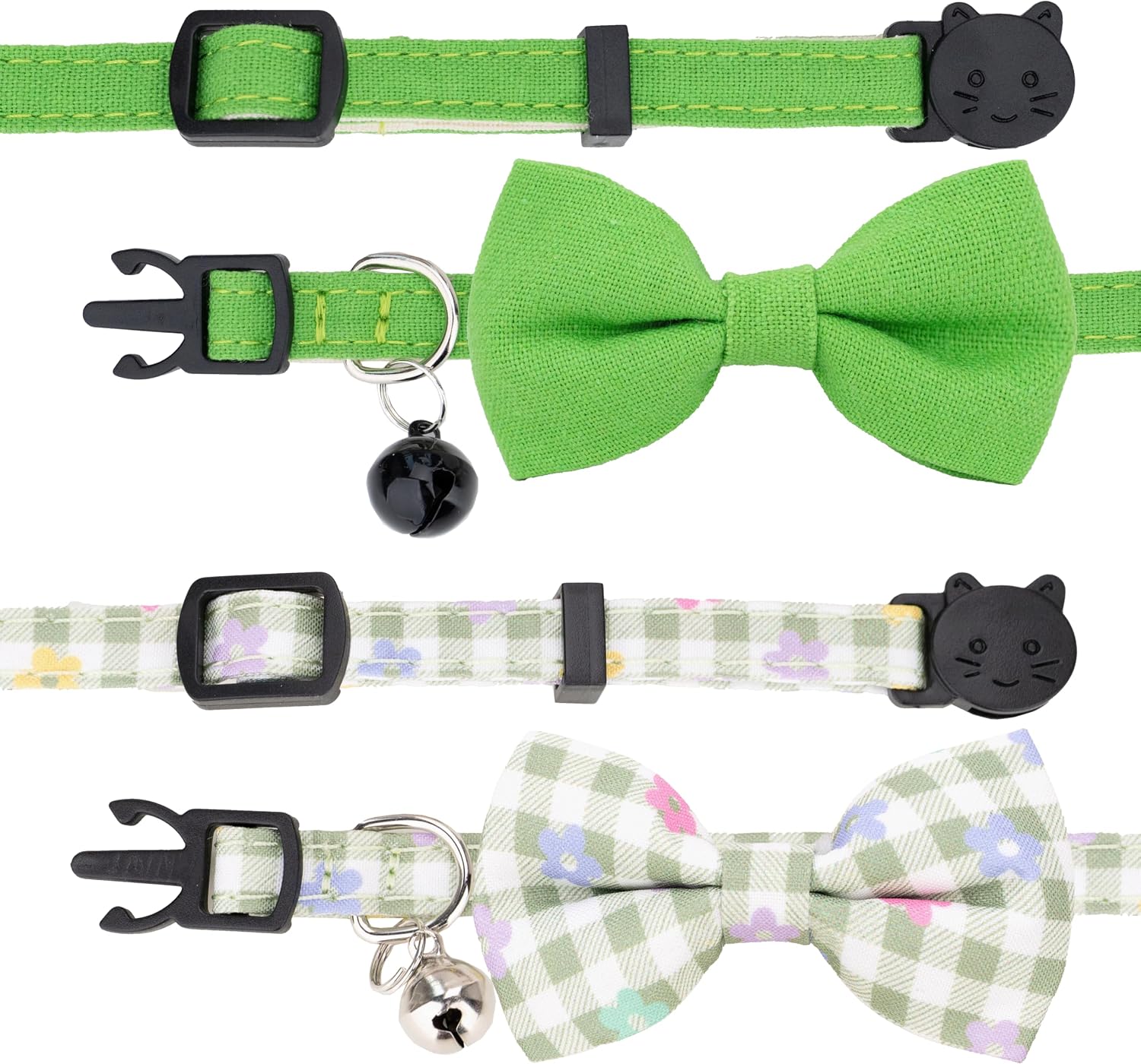 Cat Collar with Bow Tie Bell Breakaway Bowtie 2pcs Set Spring Plaid Flower Floral Solid Boy Girl Cute Kitten Safety B [Plaid & Solid] Green