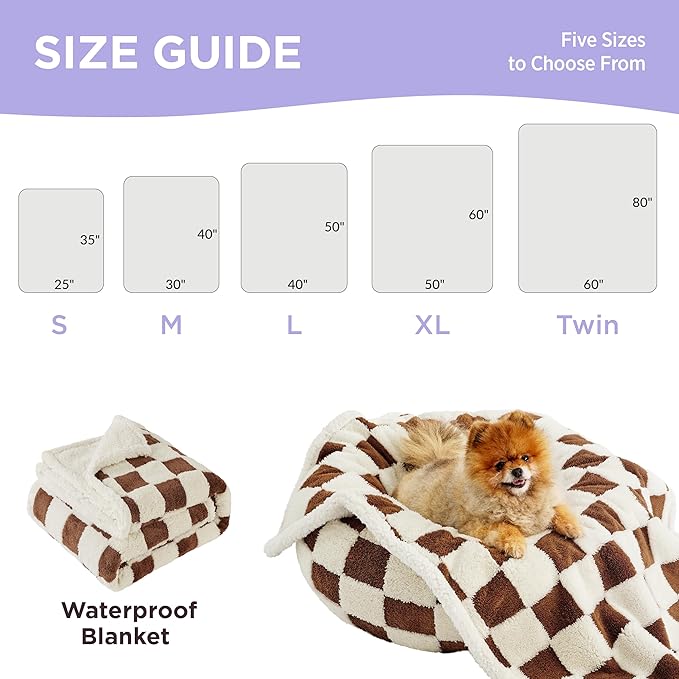 LE SURE Waterproof Puppy Blanket for Small Dogs - Washable Double Sided Dog Blankets with Warm Jacquard Shag and Soft Sherpa Fleece, Pet Cat Blanket for Couch Protection, 3D Textured Checks, Brown