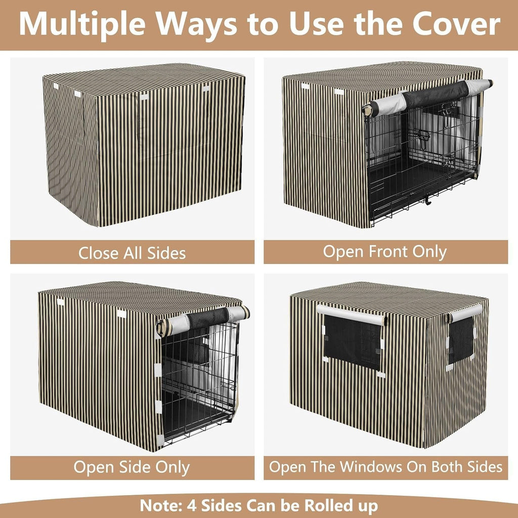 Beige Black Stripes Dog Crate Cover 42in Pet Kennel Cover | 600D Oxford Heavy Duty Kennel Covers, Breathable Mesh Window, Soundproof Waterproof Sunshade Universal Fit for Wire Cage