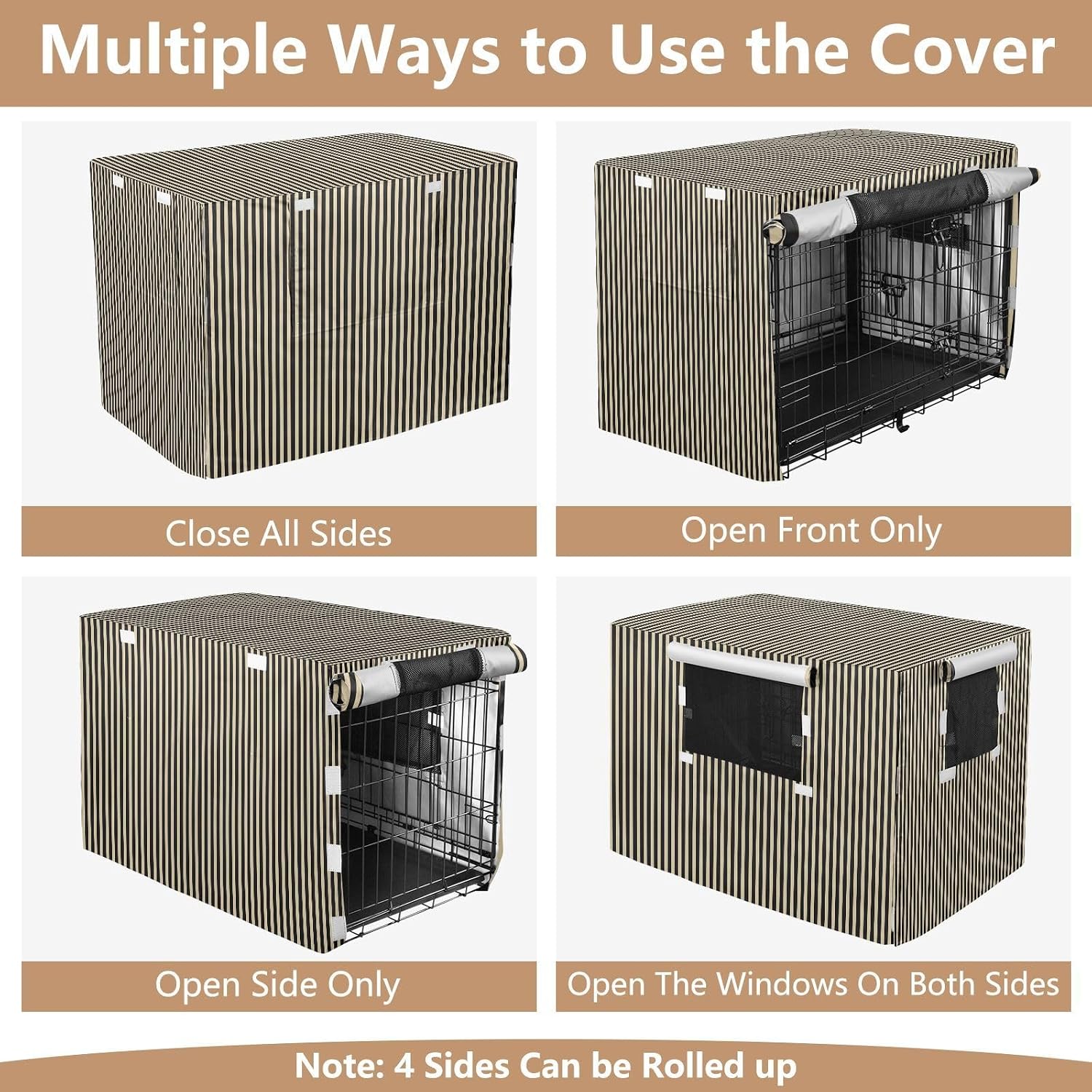Beige Black Stripes Dog Crate Cover 42in Pet Kennel Cover | 600D Oxford Heavy Duty Kennel Covers, Breathable Mesh Window, Soundproof Waterproof Sunshade Universal Fit for Wire Cage