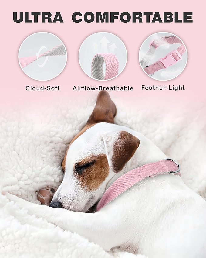 Dynmeow Soft and Breathable Cotton Dog Collar, Durable Adjustable Heavy-Duty Female Girl Pet Collar with Quick-Release Buckle, Lightweight for Sensitive Skin for Medium and Large Dogs, Pink, M