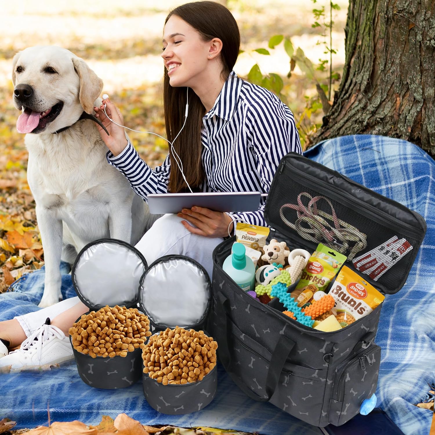MYDAYS Dog Travel Bag, Pet Luggage Suitcase, Weekend Tote Carrier with Collapsible Bowl (Black1)