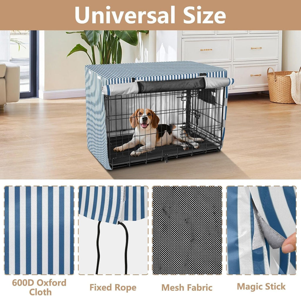 Blue White Stripes Dog Crate Cover 600D Oxford Heavy Duty Kennel Cover Mesh Window Soundproof Waterproof Sunshade Universal Fit for 42 inches Wire Cage