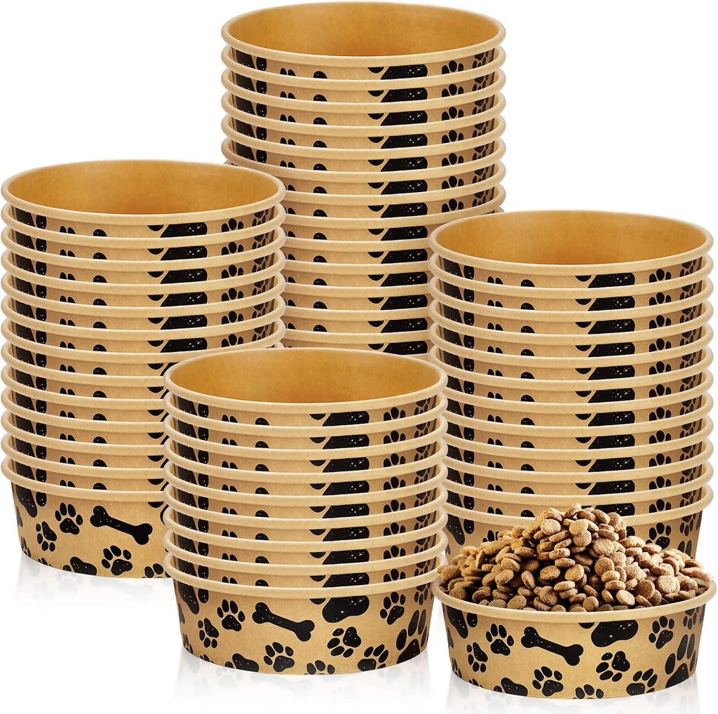 Whaline 50 Pcs Disposable Pet Bowls 16 Oz Kraft Paper Dog Cat Small Food Bowls with Paw Print Design for Travel Camping Picnic Wet Dry Food and Water