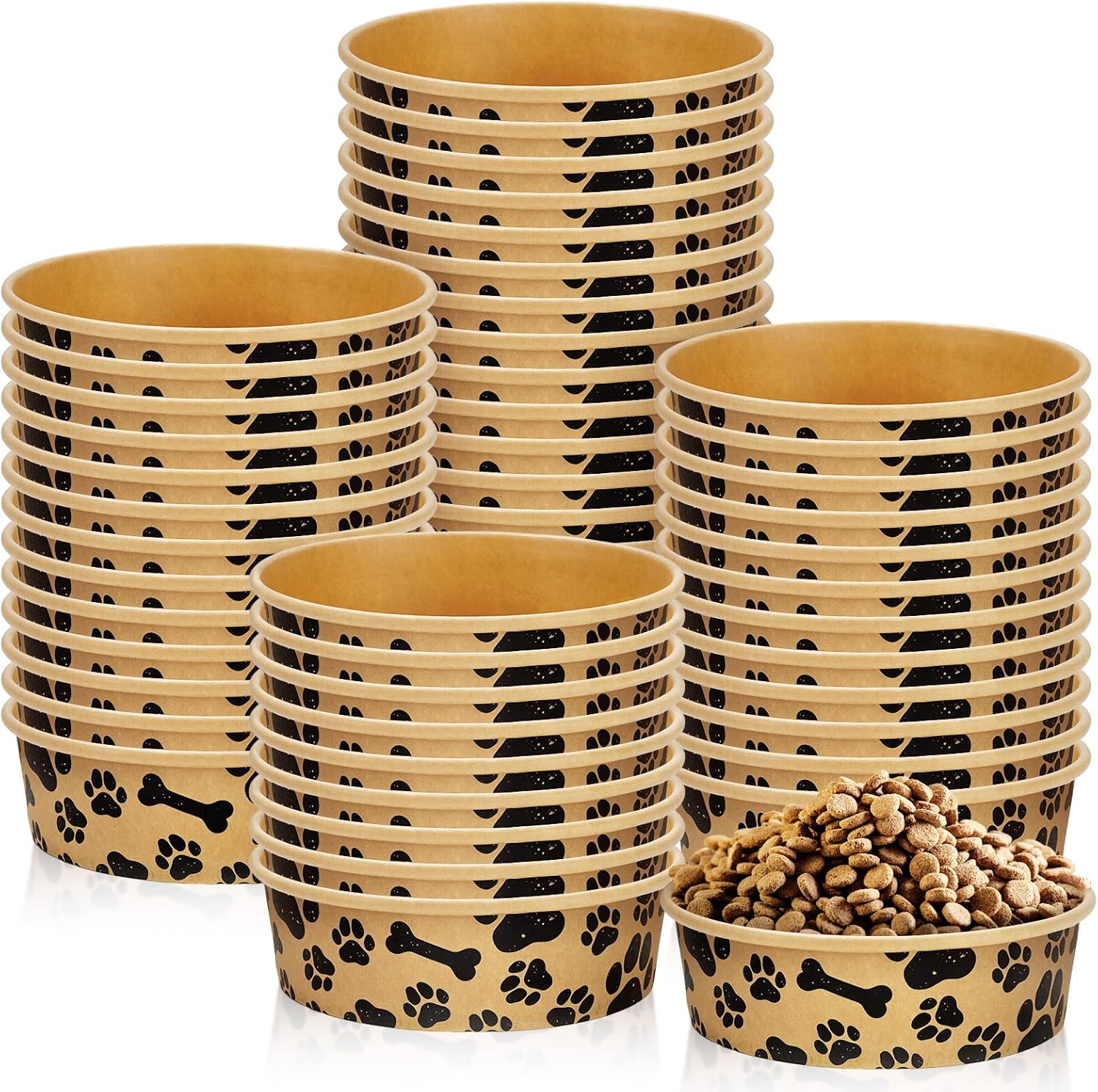 Whaline 50 Pcs Disposable Pet Bowls 16 Oz Kraft Paper Dog Cat Small Food Bowls with Paw Print Design for Travel Camping Picnic Wet Dry Food and Water