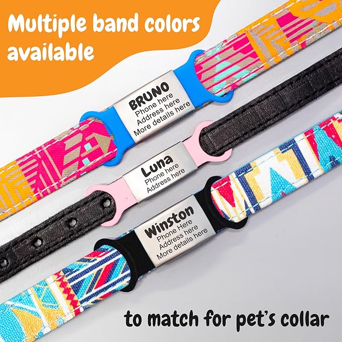 Custom Slide On Pet Tag ID, Fancy Silent Dogs & Cats Personalized No Jingle Engraved Identification Name & Phone Charm for Collar & Harnesses, No Noise for Puppies, Kitties, Horses & Animals