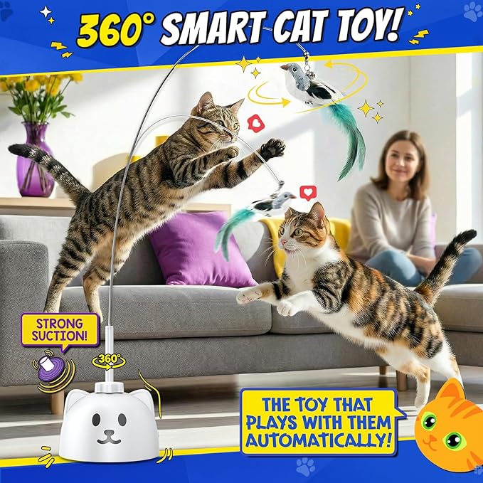 Interactive Cat Toys for Indoor Cats - Automatic Flying Bird Feather Toy, USB Rechargeable Electric Cat Teaser with Strong Sticky Base, Smart Motion Activated Self-Play Enrichment Toy for Bored Cats