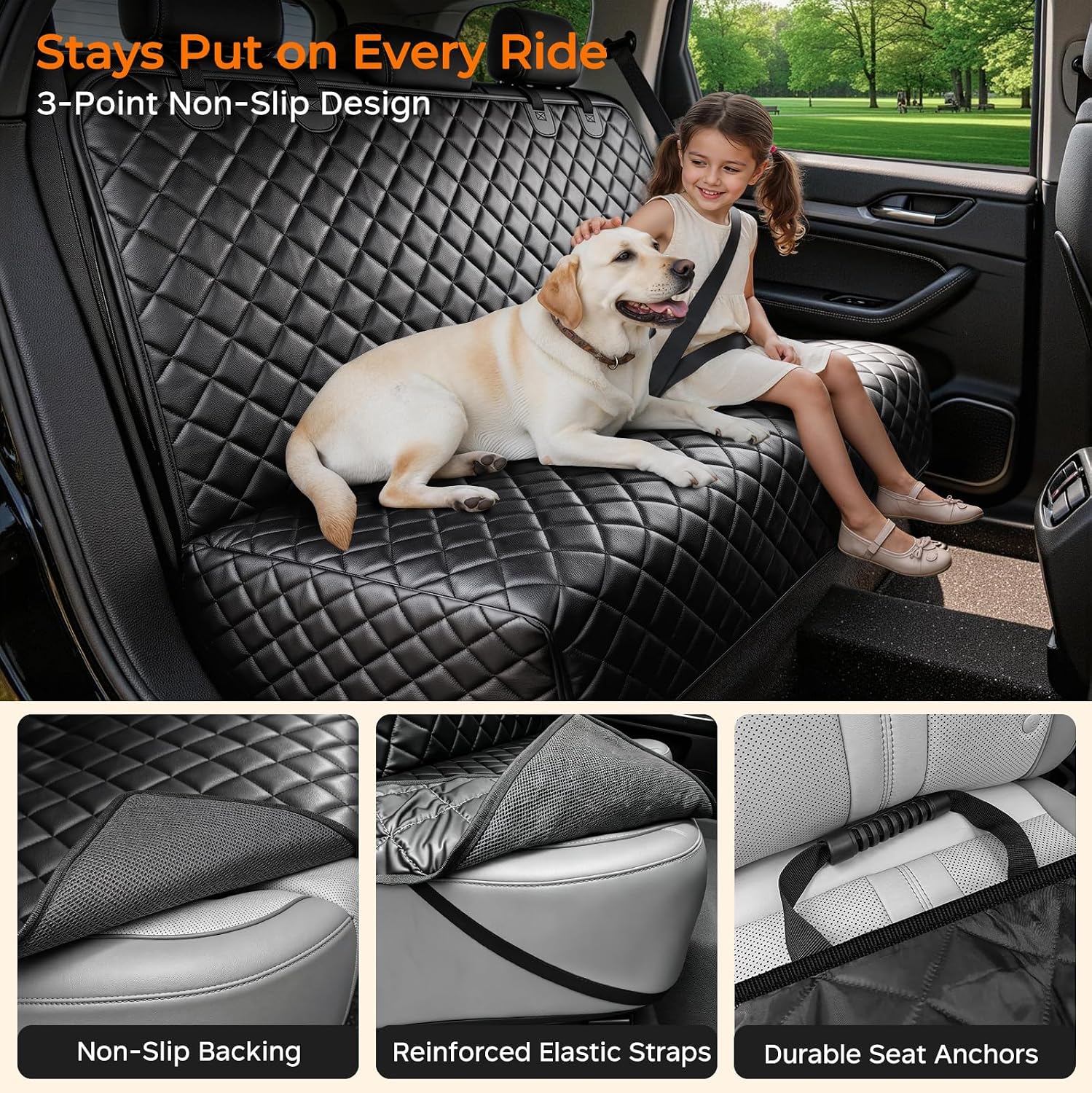 URPOWER Dog Car Seat Cover for Back Seat, Waterproof PU Leather | Non-Slip, Scratch-Resistant Rear Bench Seat Protector for Dogs, Easy to Clean, for Compact Cars and Small SUVs