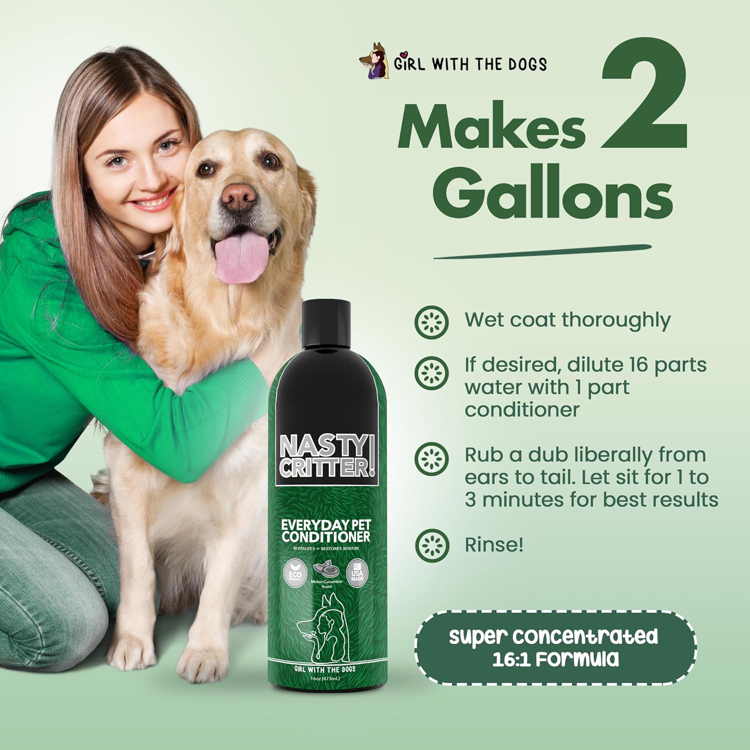 Nasty Critter! by Girl With The Dogs - Made in USA - Everyday Deep Cleaning Dog Conditioner for 8 Weeks and Up, 16 oz
