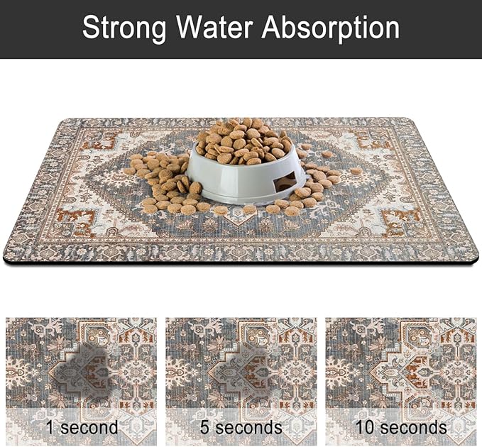 Dog Food Mats for Floors, Absorbent and Quick-Drying Pet Cat Food Mat,Anti-Fouling and Easy-to-Clean Pet Feeding Mat,Dog Bowl Mat for Messy Drinking Water Bowls.17 x32, Bohemia Style