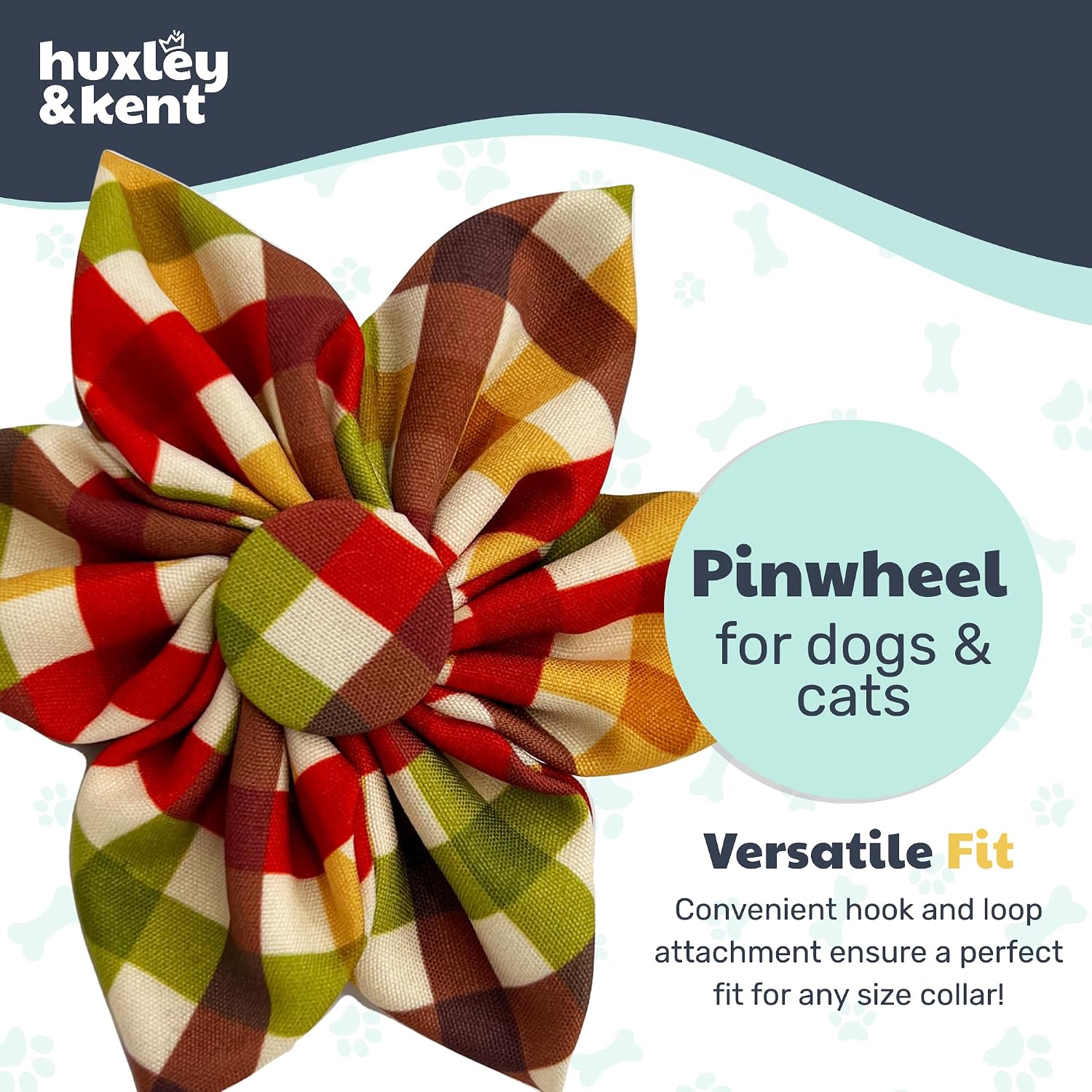 Huxley & Kent Pet Pinwheel Bow for Dogs & Cats - Fall Adjustable Hook & Loop Collar Accessory - Cute & Comfortable for Holidays & Celebrations - Harvest Check, Large | Clips to Any Collar with Hook & Loop, Soft, Lightweight, Machine Washable, Great for