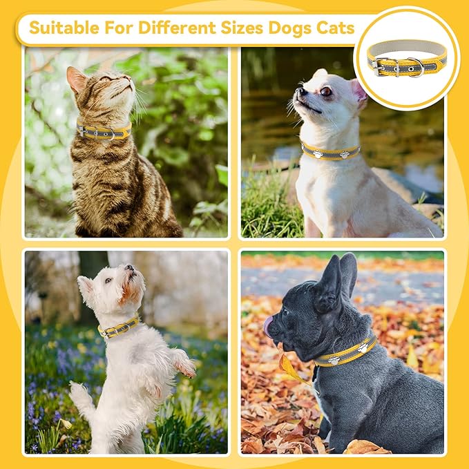 PETCARE Reflective Dog Collar with Cute Paw Rivet Studded Funny Soft PU Leather Adjustable Puppy Dog Collars for Small Medium Large Dogs Cats (Yellow,Small)